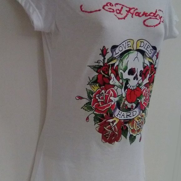 Ed Hardy White Short Sleeve with Rhinestones "Love Dies Hard" T-shirt - Picture 13 of 13